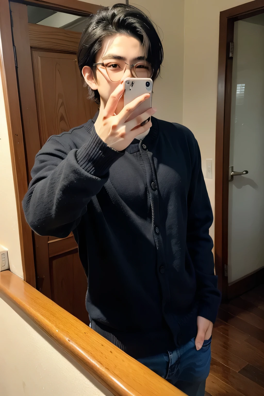 Handsome young asian man with glasses and short hair taking a selfie