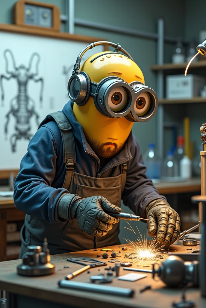 Minion Dave is working hard at a lab table full of scientific tools and accessories. The whiteboard behind has cybernetic minion design sketches. Dave is highly focused, hands move quickly, weld and assemble components to build a large cybernetic minion, complicated.
