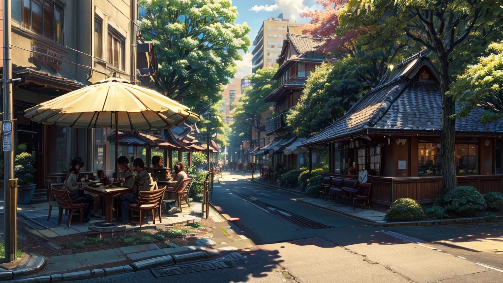 ((((masterpiece, best quality, high resolution)))), Ultra-detailed 8K, High Detail, Japanese Animation，((Coffee Shop: 1.5))，((Street corner: 1.3))，((Ginkgo tree)), Warm sunlight shining through the leaves, ((Parasols)), Japanese Animation