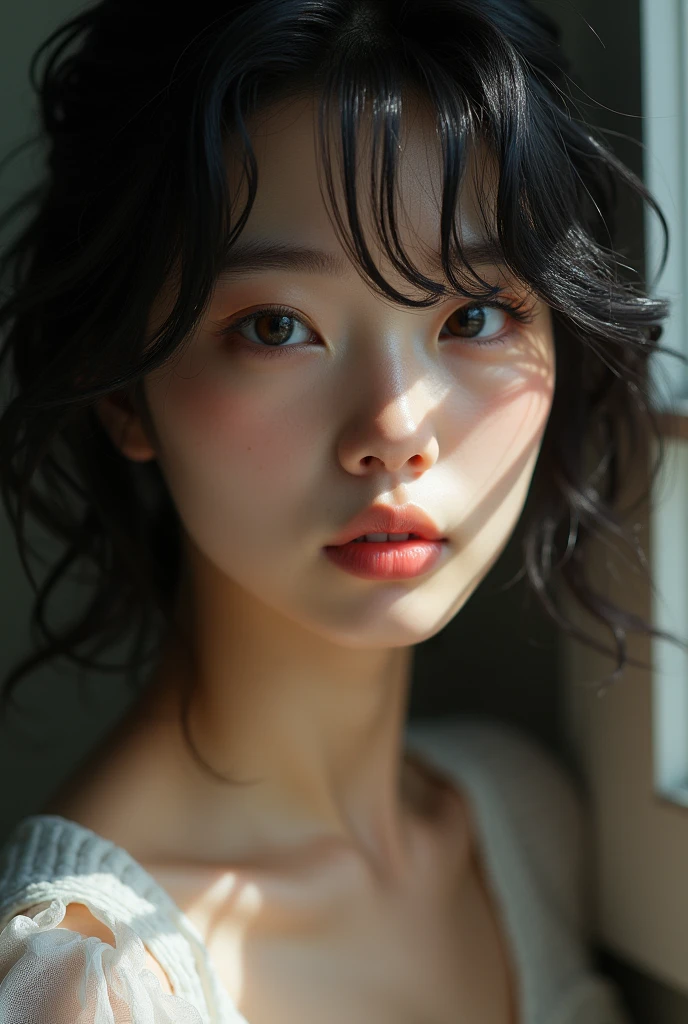 Prompt
japanese, shy, sexly, deep BLACK hair Real-life detailed pores、Natural freckles、
Fine lines、Emphasizes skin texture and shows fine pores on cheeks、A faint freckle on the bridge of the nose、目尻にFine lines
そよ風でわずかに乱れた前髪、
Shiny black hair、Natural curl at the end of the hair Eye reflection、Detailed depiction of eyelashes、
Slight wrinkles around the eyes、The fine pattern of the pupil. The pupil reflects light.、Long natural eyelashes、
Slight wrinkles at the corner of the eyes、The fine patterns of the iris and subtle changes in facial expression、Natural smile、
Relaxed face、Fine muscle movements that express emotions A gentle smile with the corners of the mouth slightly turned up、
Relaxed forehead、Slight asymmetry in eye muscle movements that express emotions、Small scars、
Natural moles、Unique features: Left eye is slightly smaller、
あごにSmall scars、A noticeable mole on the right cheek. Photographed in natural light.、Soft Shadows、
Subtle changes in highlights and shadows、
Reflection of lightNatural light from a window、Highlight on cheekbones、
首筋にSoft Shadows、Reflection of light in hair Hair blowing in the wind、Natural gloss、
Slightly messy hair、Hair Fine TextureNegative Prompt Nude, naked