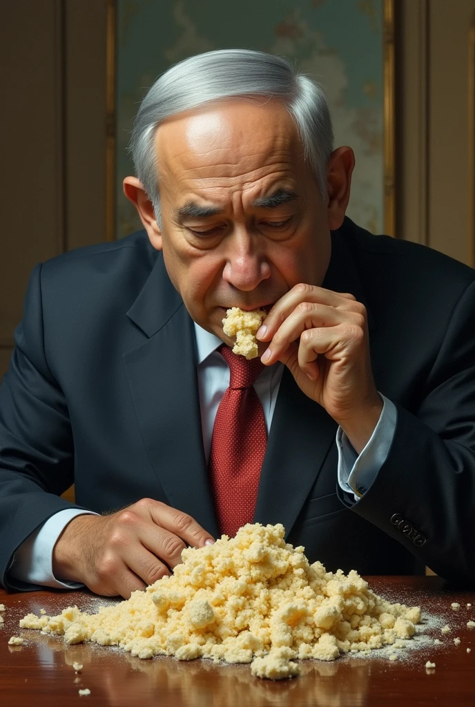 Israeli President eating human feces, depicted in a surreal and disrespectful manner