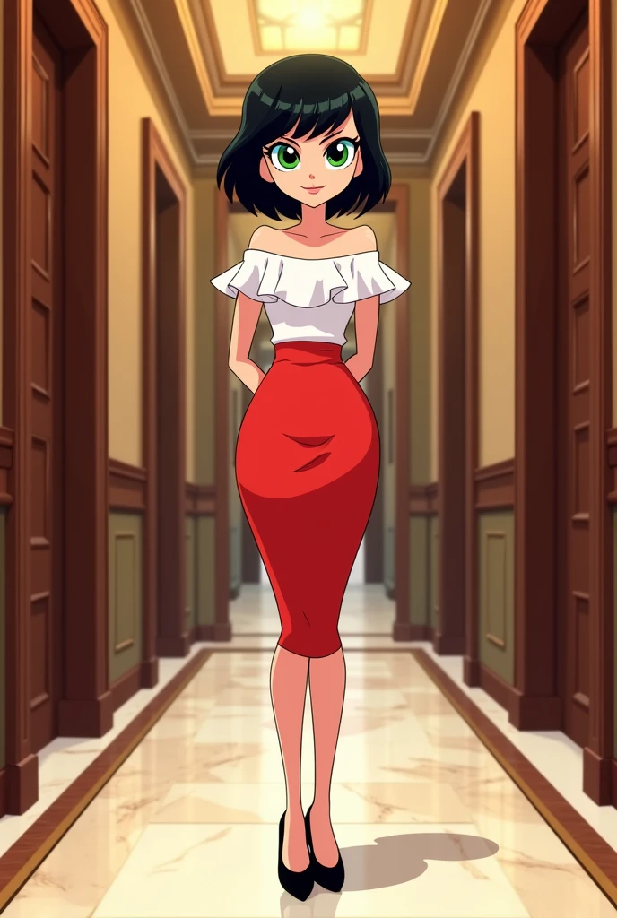 buttercup from the powerpuff girls in a mansion hallway, black bob hair, green eyes, white ruffle off-shoulder top, red pencil skirt, standing, hands behind back, black high heels, focused, smile, 2D illustration, 2D art, 2D Background