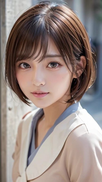 (8k, Photorealistic, RAW Photos, Best image quality: 1.4), Japanese schoolgirl、Short Bob、Super detailed face、Eye on the details、double eyelid、Sharp focus:1.2、Beautiful woman:1.4、Light brown hair、Highest quality、masterpiece、Ultra-high resolution、(Photorealistic:1.4)、Highly detailed and professionally lit smiles、school uniform、Shoulder out、blush