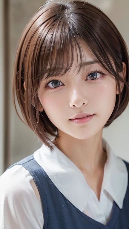 (8k, Photorealistic, RAW Photos, Best image quality: 1.4), Japanese schoolgirl、Short Bob、Super detailed face、Eye on the details、double eyelid、Sharp focus:1.2、Beautiful woman:1.4、Light brown hair、Highest quality、masterpiece、Ultra-high resolution、(Photorealistic:1.4)、Highly detailed and professionally lit smiles、school uniform、Shoulder out、blush