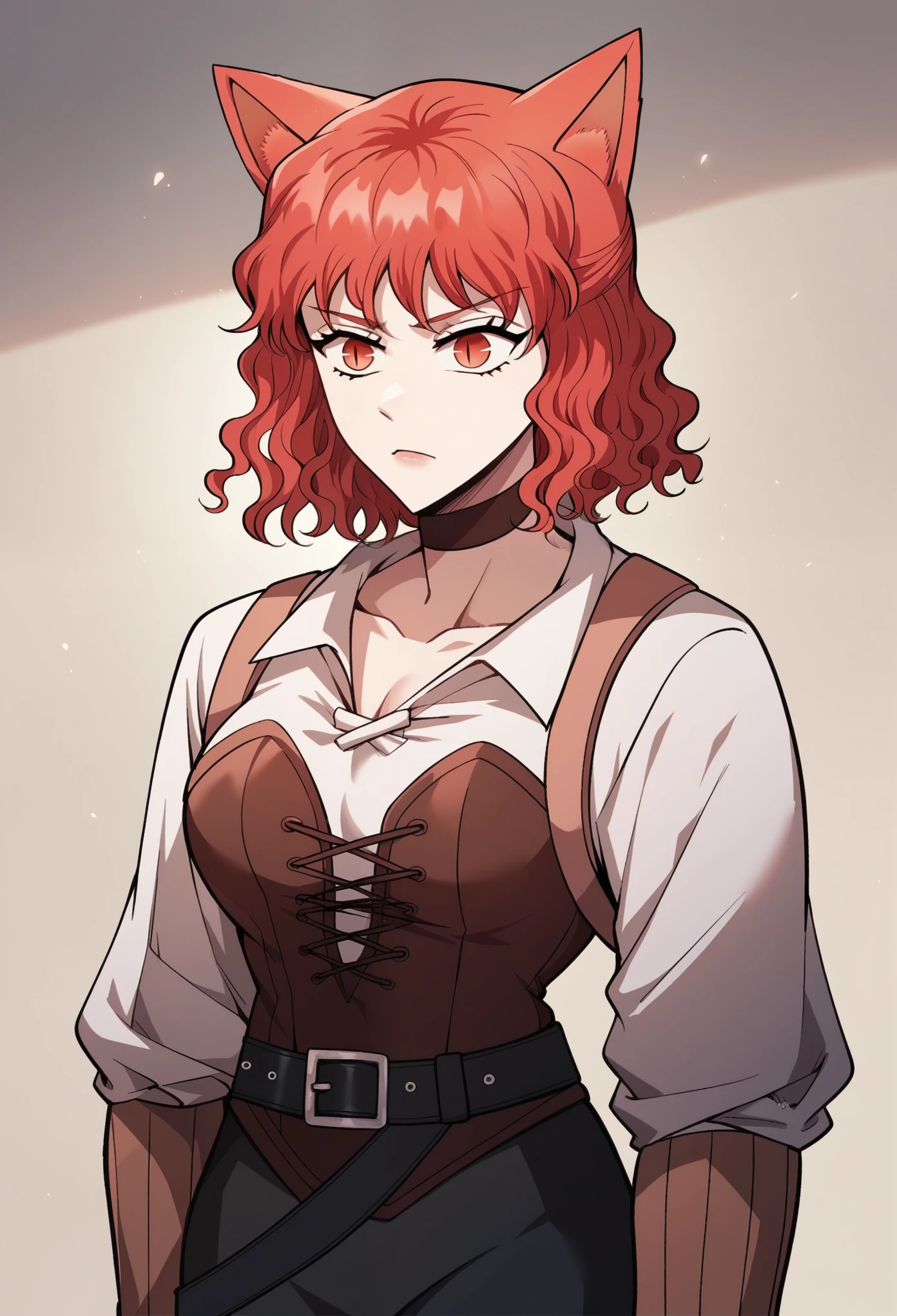 MisshaKarlstein, cat woman, red eyes, red hair, short hair, wavy hair, battle uniform