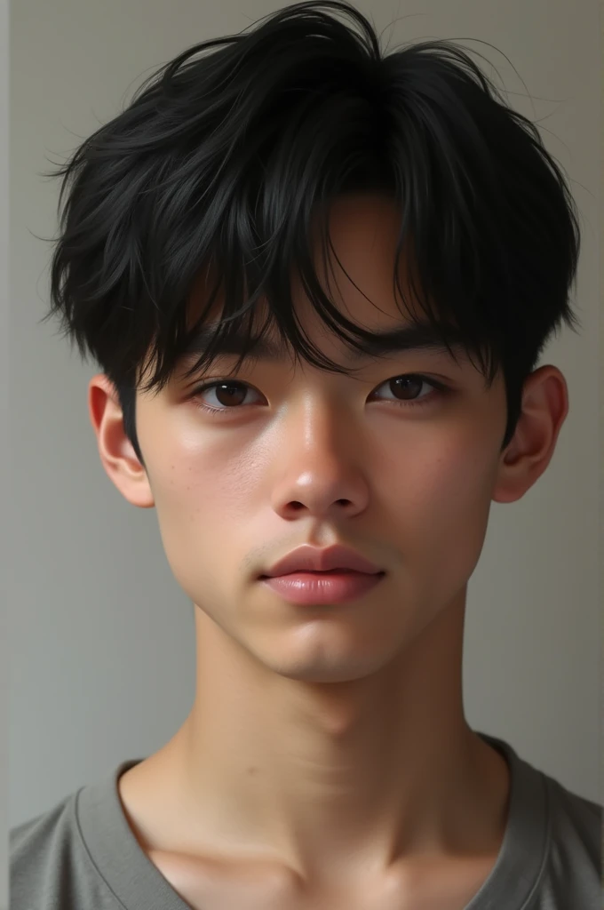 boy with white skin, straight black hair, medium height, somewhat robust, brown eyes, good looking