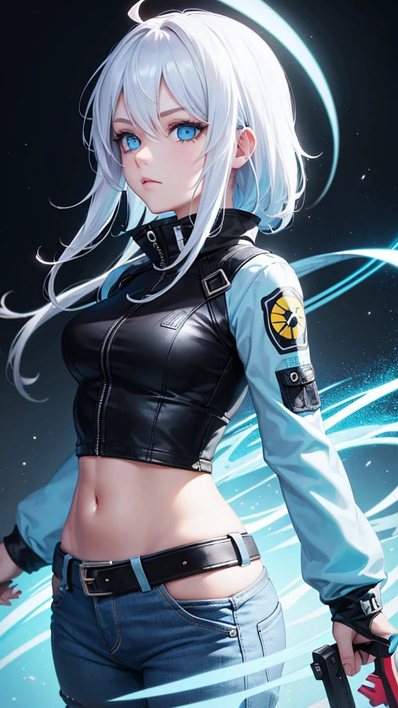 A girl in the style of the free fire game, wearing the free fire Angélical pants, white hair, blue eyes, neon illuminated powers, for profile and Nick name imagem nitida olhando pra frente,garota anime