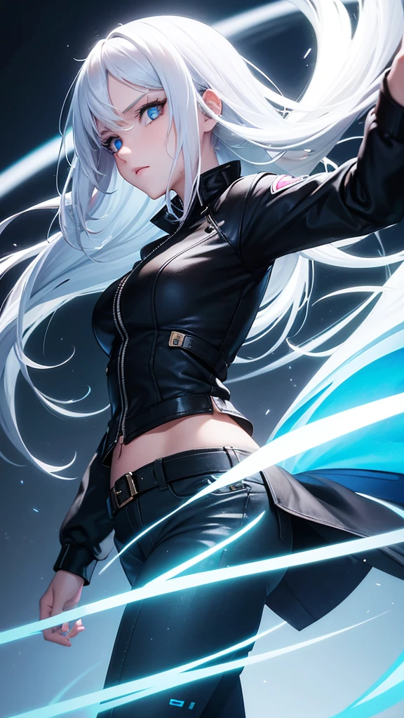 A girl in the style of the free fire game, wearing the free fire Angélical pants, white hair, blue eyes, neon illuminated powers, for profile and Nick name imagem nitida olhando pra frente,garota anime