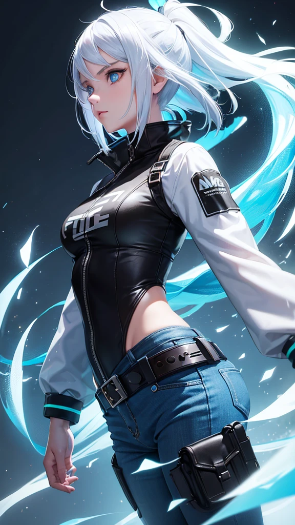 A girl in the style of the free fire game, wearing the free fire Angélical pants, white hair, blue eyes, neon illuminated powers, for profile and Nick name imagem nitida olhando pra frente,garota anime