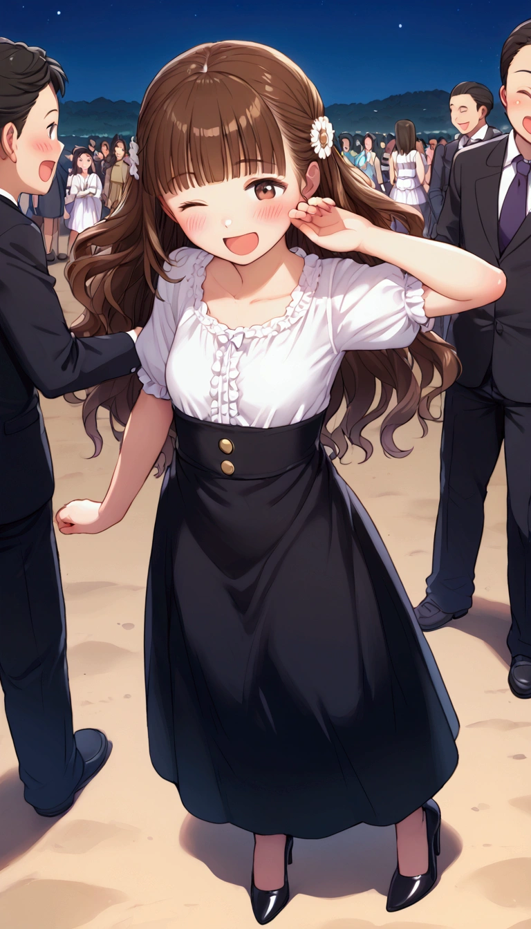 {Highest quality}, {so beautiful},{Ultra-fine},{Best illustrations},Brown Hair,Hime cut,Long Hair,Braiding,One Woman,Standing woman,Strike a Pose,Adult female,smile,??????? face,Wink,Yawn,OL,suit,White Shirt,Short sleeve,Black straight long skirt,Night Festival,blush,thin,Black stiletto heels,From above,Woman with legs closed,Wave with one hand