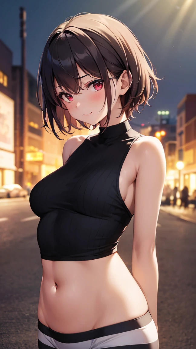 score_9, score_8_up, score_7_up, source_anime, best quality, amazing quality, absurdres, very aesthetic, 1girl, red eyes, wariza, short hair, pixie cut with layers, black hair, portrait, starshadowmagician, solo, 1 girl, best perfect anatomy, thin, curvy body, flat breasts, close up shot on person, a girl showing happy, smile, blush, super high angle from below, looking at viewer, Hide your arms behind your back, standing pose, wearing striped tank top, pants, dynamic angle. perfect dynamic composition, foreshortening, night days, volumetric lighting, Detailed background, Cinematic lighting, Sunlight, detailed background street night,
