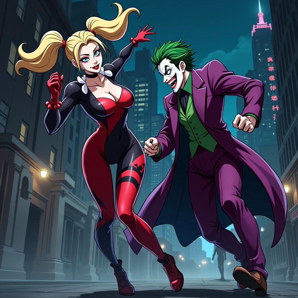 Harley quinn in action with joker dark aesthetic background at night in anime version 