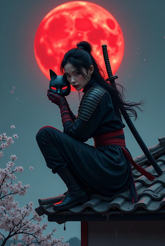 The action of a 30 year old Indonesian woman, black hair combed back, sitting squatting on the edge of the roof of a Japanese house, holding a white
cat-shaped mask, wearing a ninja costume, there is a blood stain effect on the costume. wearing iron armor complete with a large rope tied around his waist, long black trousers and tabi, there is a samurai sword placed on his back. his gaze is very sharp, the night atmosphere with the background of a large, bright red full moon adds to the drama of his narrative. atmosphere, flowers and cherry trees at night, hair blowing in the wind, cold, realistic details of a cold night scene realistic details of a cold night scene in a Japanese city