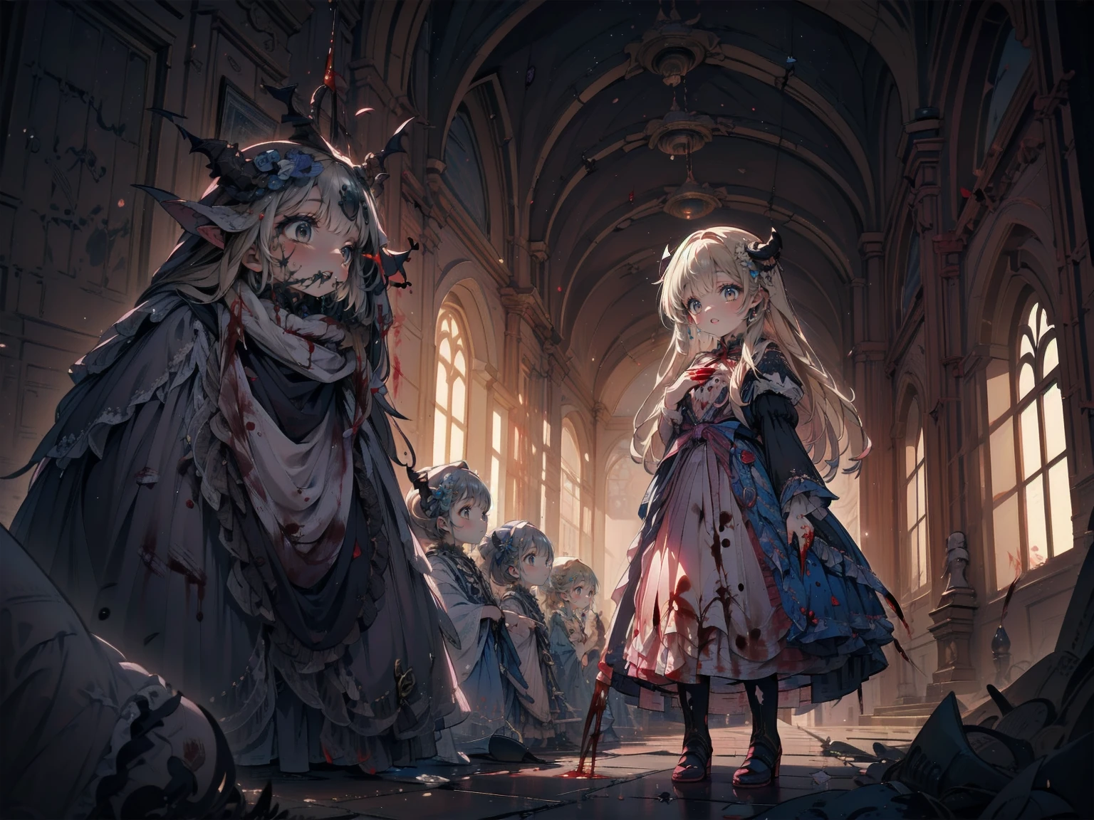 shaded face　、beautiful girl、とてもcute天使、Pink Gothic Fashion、cute、、smile、Long skirt、Black long boots、.(Highest quality,4K,High resolution,masterpiece:1.2),Very detailed,Realistic:1.37,Spooky altar background,Dark fantasy,Red color scheme,Ominous atmosphere,Eye-catching,Storytelling,anatomy,Anime Style,Concept Art,beautiful細部までこだわった顔と (((Red eyes ))),A terrifying ritual ,Satanic Ritual,Premature death,inappropriate behavior,クレイジーなsmile,Scythe Face,Girl Monster, beautiful, Delicate facial features, Sharp Eye, Sharp Fangs, pale skin, Dark Background, Cinema Lighting, Dramatic Shadows, Gothic style, Gloomy atmosphere, Dark fantasy, one person&#39;s, Please open your mouth wide, Open your mouth and baring your teeth,Sharp teeth like a beast, Wide lips, very wide mouth, Vermilion cheeks, ,(Blood splatter:1.4),Scary smile, smile,Angel Design, Twisted smile、Bloody、bleeding from the head,,,,,、Blood splatter、,(Blood splatter:1.4),skull,Demon Spear,Horror Style, ((Fantasy Sweet Ta Frill Pink Costume)), ((Flowing blonde hair)), ,(Blood splatter:1.4),Female curves, Sexy flat stomach, Perfect hands, Perfect anime face, (Pink Tata Dress)), Are standing, ((邪悪なsmile)), ,(Blood splatter:1.4), Steam circulates, Moonlight Illumination, night lighting, (Blood splatter:1.6),アニメAngel Design, Twisted smile、Bloody、bleeding from the head,,,,,、Blood splatter、,(Blood splatter:1.4), skull,Gothic architecture、Western architecture、Fantasy World、,Victorian cities, Skeleton Gas Light,Absurd, High resolution、 ((Tabletop)), ((Highest quality)), (Very detailedな), ((Very detailed)), (beautiful), ((cute)), (NFSW:1.8), alone,(:1.6)、(world&#39;The most terrifying and creepy demon girl:1.5)beautiful face、Whole Body Ezbian、pale, beautiful肌、beautiful金の髪、優しくsmileむ、Dark building ruins、(snow white&#39;Frill dress:1.3)、(The dark ruins are stained with blood:1.3)、Low angle full body shot、(少女は血の海の中にAre standing:1.5)、(The ground is full of blood:1.3)、(The girl lost a lot of blood....:1.3)、(クレイジーなsmile:1.6)、Spirits、(Blood dripping from the mouth:1.3)、
