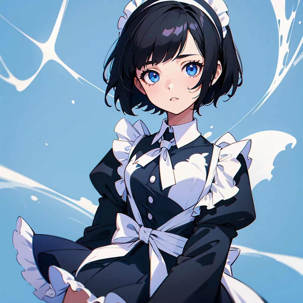 A girl with short black hair in a maid outfit on a blue background