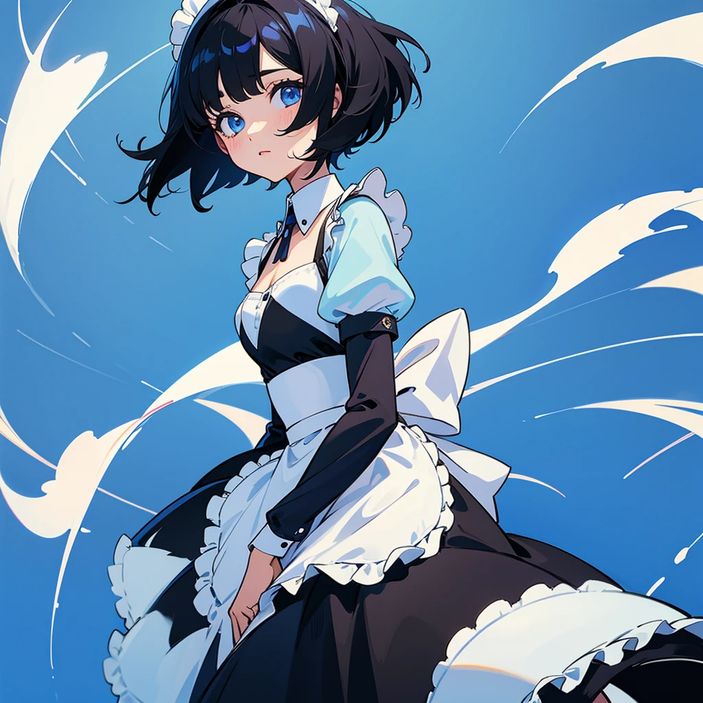 A girl with short black hair in a maid outfit on a blue background