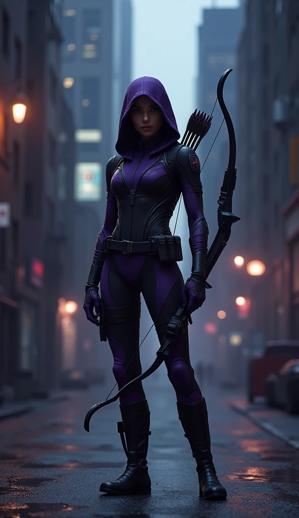 Female Hawkeye, purple and black themed costume, standing proud, dark city background, dynamic pose, 4k quality, very detailed, bokeh
