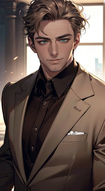 (best quality,4k,8k,highres,masterpiece:1.2),ultra-detailed,(realistic,photorealistic,photo-realistic:1.37),cinematic lighting,1:4 hdr image,a mature man, 2,very handsome,cold expression smile in love, short grey brown hair, green eyes,flawless face,buttoning his jacket,CEO