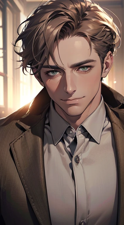 (best quality,4k,8k,highres,masterpiece:1.2),ultra-detailed,(realistic,photorealistic,photo-realistic:1.37),cinematic lighting,1:4 hdr image,a mature man, 2,very handsome,cold expression smile in love, short grey brown hair, green eyes,flawless face,buttoning his jacket,CEO