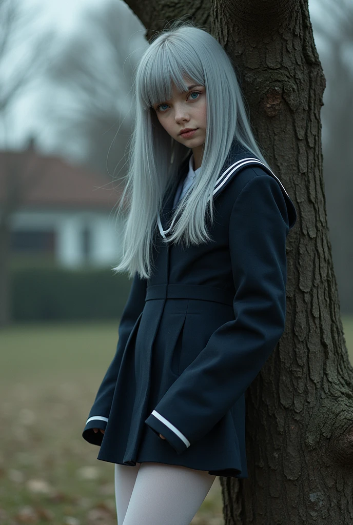 one girl, Alisa Mikhailovna Kudjo, Tomorrow, in a school uniform with a miniskirt, slightly leaning towards a tree near the school yard. Long silver hair, hiding eyebrows and partially eyes, hair ribbon. Blue eyes, slight smile, Mouth closed, One eye is covered. White tights under school uniform. top quality, Beautiful, Absurd, sexually