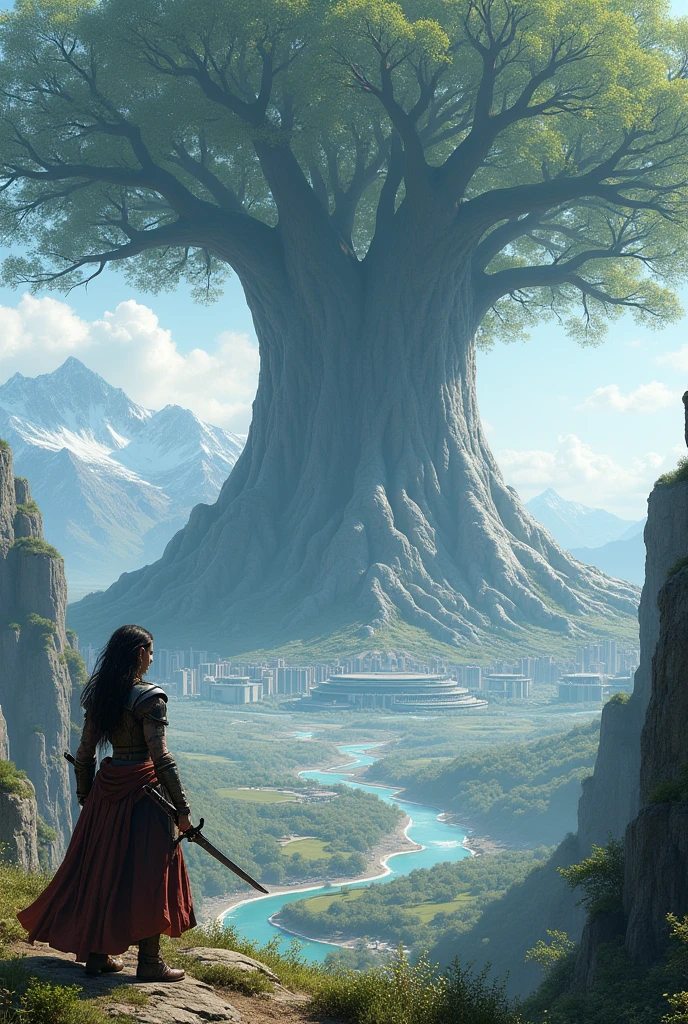 Create a hyper-realistic and highly detailed fantasy world scene where a female warrior while holding a sword is seen from a very great distance looking at a colossal tree, standing 20 kilometers tall with wide and big branchs and leafs. Below this tree, there is a range of snow-covered mountains enveloped by clouds. Beneath these mountains lies a futuristic modern city with a river flowing through its center. The focus of this photo is primarily on the incredibly large and tall tree, and secondarily on the female warrior. The scene should convey a sense of awe and the vastness of the landscape, with sharp contrasts between natural and futuristic elements.