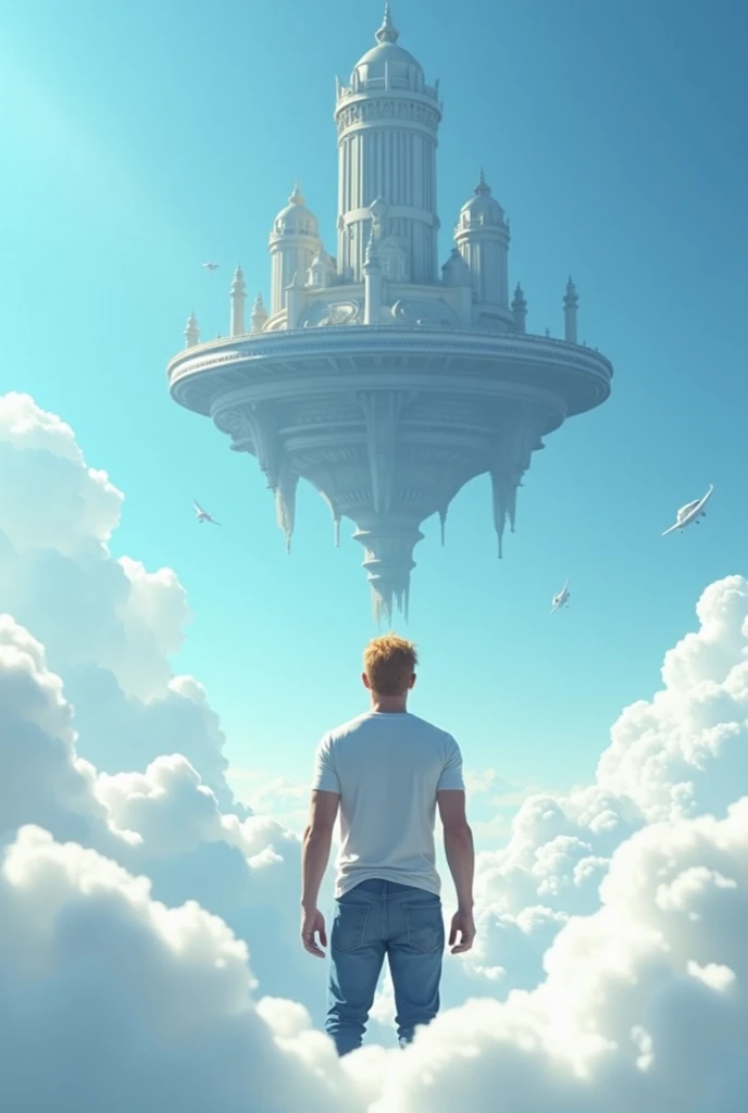 A cinematic medium shot of a athletic 46yr old man with strawberry-blonde hair wearing a t-shirt and jeans. Strong cinematic posture, back to the camera. He is standing knee-deep in clouds, between fluffy white clouds and looking at a magnificent fantasy city with intricate details. The city is floating in the air above the clouds, with small cylindrical defensive towers flying around it. The background is a clear blue sky. The city has a heptagonal shape, with corner towers connected to the central part by galleries and passages. The city's design is gothick, strict yet graceful, combining futuristic and traditional architectural elements. It soars high in the sky in the air far away. The city has a fantasy look with a futuristic twist, and the flying towers serve as defense structures.
