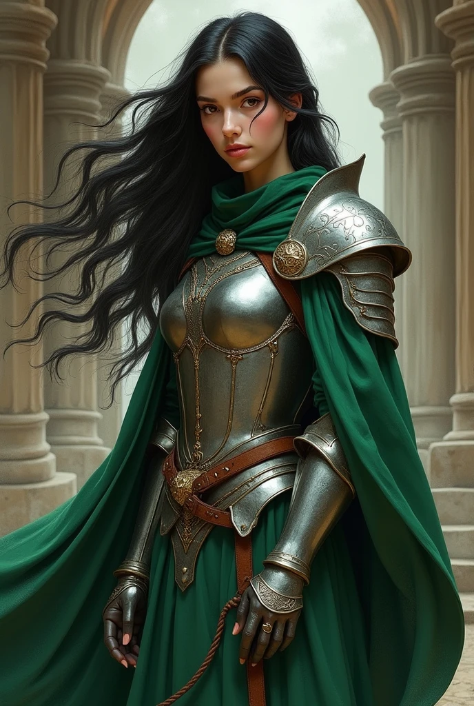 (Drawing style medieval fantasy young woman, black hair, green cape, metal armor under the cape