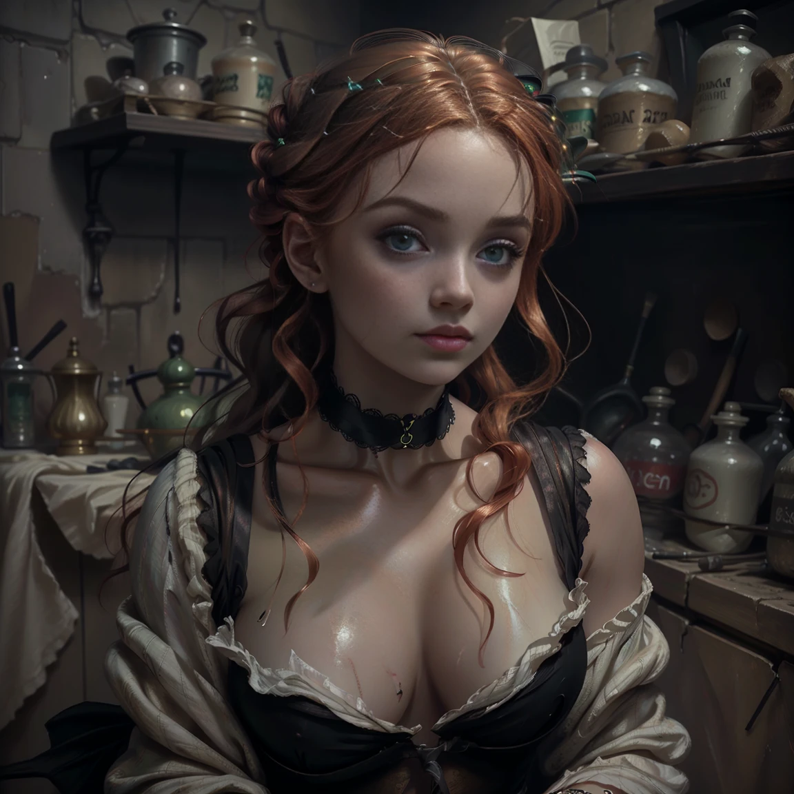 painting of a woman with blonde hair and a choker wearing a black dress, Art style by John Collier, Maiden with short copper-red hair, carol bak style, a young redhead, Collections, Portrait of a young witch, No Bowater art style, portrait of princess merida, David Yes, gloomy palace, Black Lace Bra. bare shoulders, bare stomach, lace choker, raw work of art, of the highest quality, (alone), (perfect face: 1.3), (High detail: 1.2), dramatic, 1 girl, angel, (pale skin), (huge breasts), light eyebrows, evening, wide neckline, sweating , bright, prominent nipple contour, many jewels, head ornaments, green eyes, sensual lips. Detailed background of the palace, cinematic lighting from the side, Detailed and beautiful hair, pale skin, big lips, juicy lips beautiful lips, detailed and beautiful green eyes, round face, young girl, perfect hands, Perfect eyes, perfect face,
