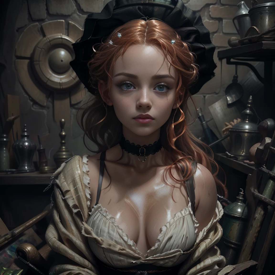 painting of a woman with blonde hair and a choker wearing a black dress, Art style by John Collier, Maiden with short copper-red hair, carol bak style, a young redhead, Collections, Portrait of a young witch, No Bowater art style, portrait of princess merida, David Yes, gloomy palace, Black Lace Bra. bare shoulders, bare stomach, lace choker, raw work of art, of the highest quality, (alone), (perfect face: 1.3), (High detail: 1.2), dramatic, 1 girl, angel, (pale skin), (huge breasts), light eyebrows, evening, wide neckline, sweating , bright, prominent nipple contour, many jewels, head ornaments, green eyes, sensual lips. Detailed background of the palace, cinematic lighting from the side, Detailed and beautiful hair, pale skin, big lips, juicy lips beautiful lips, detailed and beautiful green eyes, round face, young girl, perfect hands, Perfect eyes, perfect face,