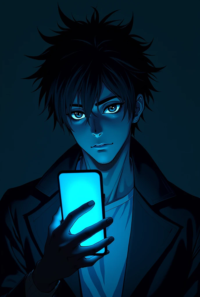 hansome masked anime guy holding a neon blue phone at black background, dark theme, stunning, ultra hd