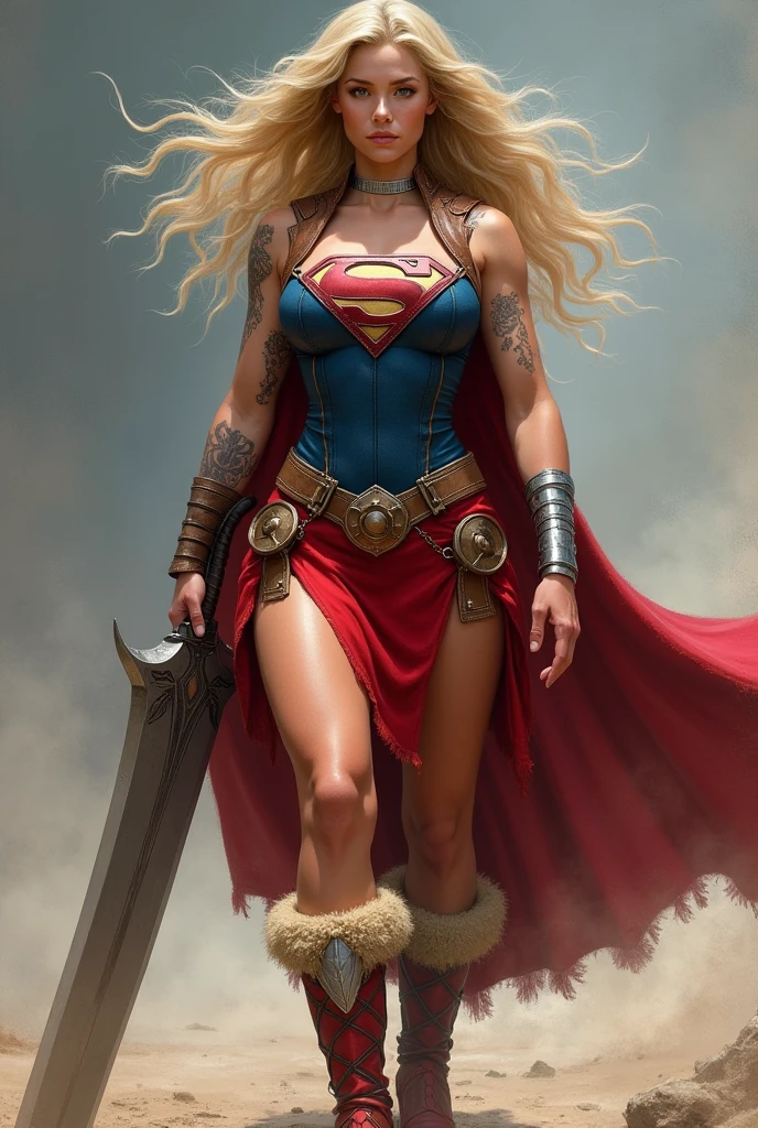 ((((Supergirl Woman of thick build with muscles in arms and legs)))),(((A beautiful woman with long blonde hair ruffled by the wind))),(((Blue corset with wide brown leather harness)))),((((Red legis)))),((((Red boots on sheepdog con borde)))),(((Sheepskin on his shoulders))),(((Tattoos on one of his arms)))),((((Giant Broad-Brimmed Sword)))),(((Red legis))),(((Red boots on sheepdog))),(((Blue corset with Supergirl emblem )))),((((Silver-colored metal bracelets oscuros)))),((((woman with a thick build, muscular arms and legs)))),((((Silver-colored metal bracelets))),(((((Sheepskin on his shoulders and a red cape))))),((((red cape))))