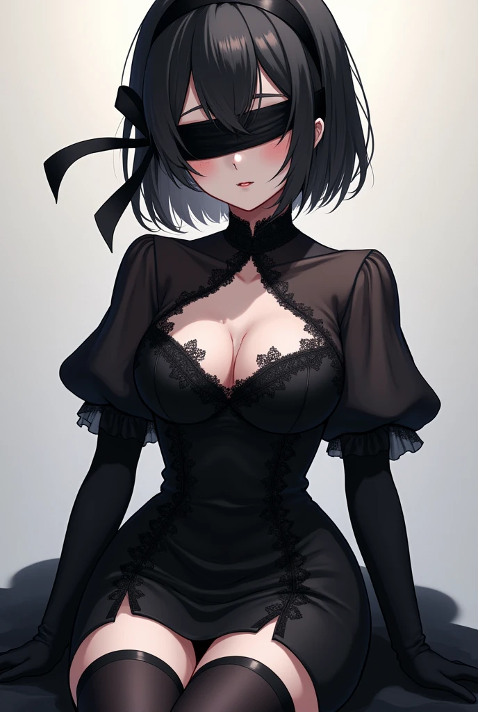 2b, long_sleeves, gloves, dress, ,black_gloves, puffy_sls, black_thighhighs, mole, black_dress, clothing_cutout, cleavage_cutck_hairband, juliet_sleeves, mole_under_mouth, blindfold, vambracesered_eyes, black_blindfold,anime,short_hai