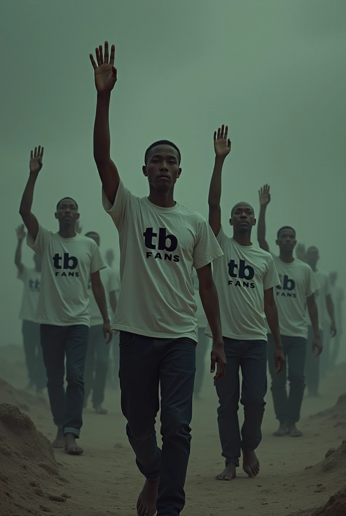 group of brainless people walking and raising hands, with shirt written "TB Fans"