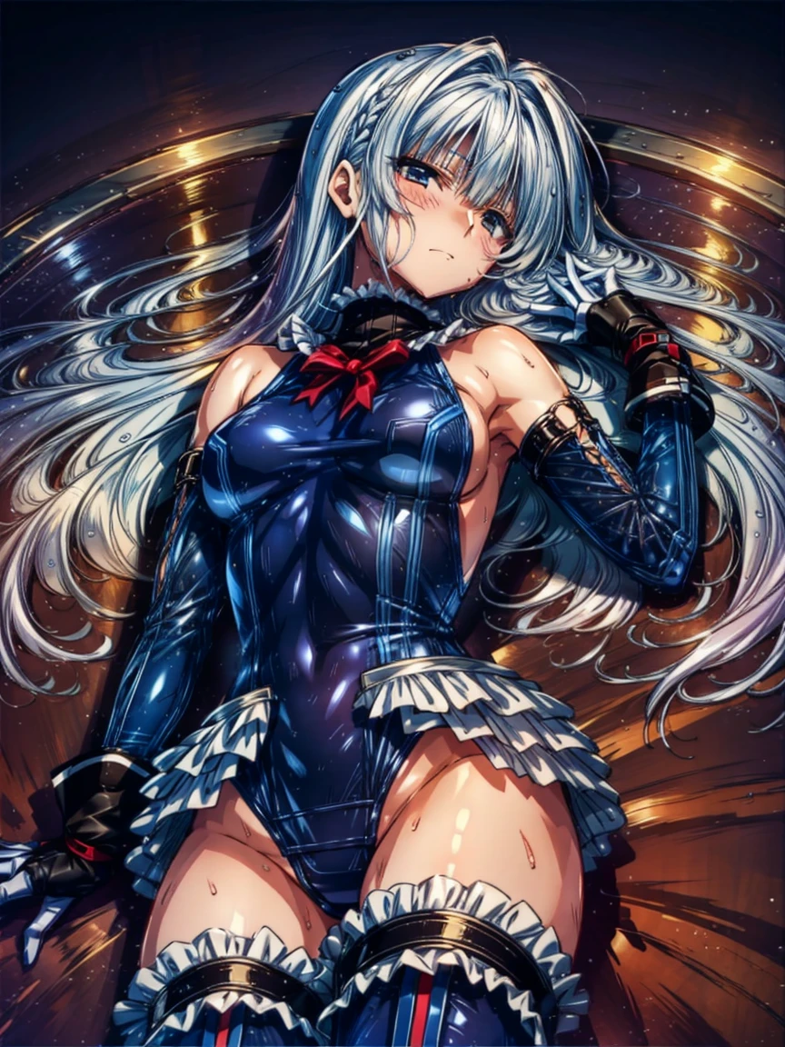 Perfect Anatomy, Highest quality, Rose,,Provocative attitude
(Inside a futuristic base:1.1)(Emotionless,Expressionless:1.4),Anime Style,(Frilled swimsuit, Knee socks, Removed sleeve), (Anime Style:1.4) ,(1 Girl:1.2),
Silver Hair,(White fingers:1.1,Black gloves),Very long hair,evil aura,(Lying on a table:1.4),full body,(My whole body is wet：1.4)