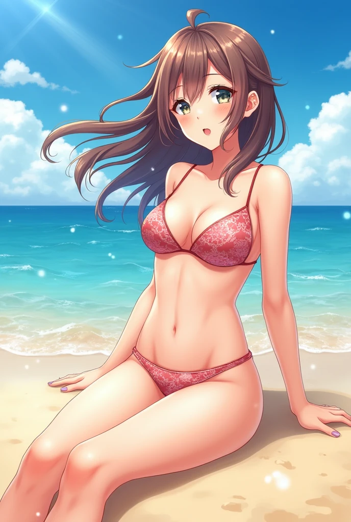 Anime style waifu in swimsuit on the beach