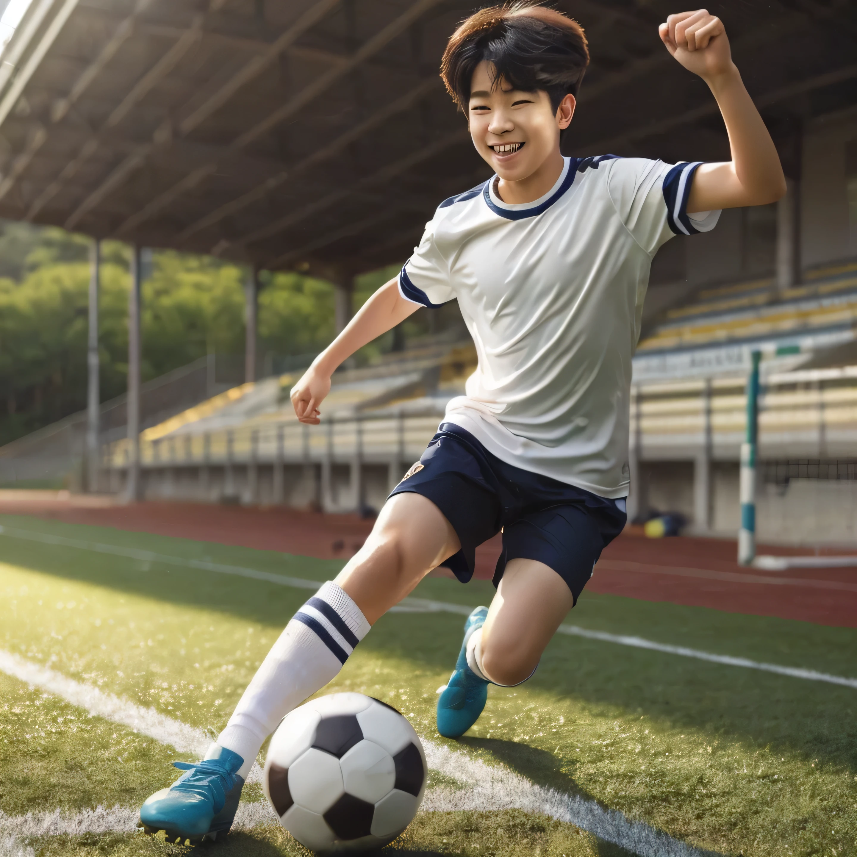 korean boy , playing football dribbling the ball quickly, with a happy and excited expression, realistic, natural light, high color, hight contras, wide view