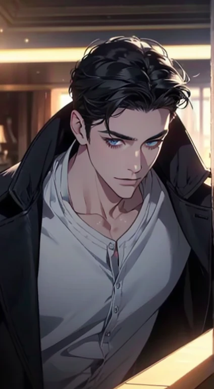a mature man with short grey Black hair, blue eyes, 31 years, and a perfect face, smiling in love, CEO, cinematic lighting, 1:4 HDR image, top view, ultra detailed, best quality, masterpiece, 8K, photorealistic, beautiful image