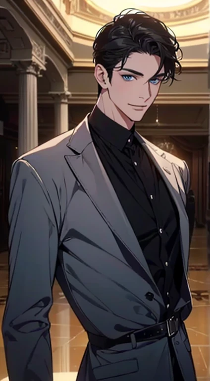 a mature man with short grey Black hair, blue eyes, 31 years, and a perfect face, smiling in love, CEO, cinematic lighting, 1:4 HDR image, top view, ultra detailed, best quality, masterpiece, 8K, photorealistic, beautiful image