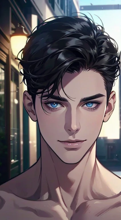 a mature man with short grey Black hair, blue eyes, 31 years, and a perfect face, smiling in love, CEO, cinematic lighting, 1:4 HDR image, top view, ultra detailed, best quality, masterpiece, 8K, photorealistic, beautiful image