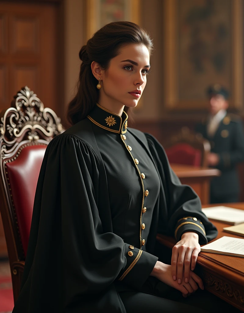 (Photorealism:1.2), beautiful woman, Female soldier wearing judge's uniform, court