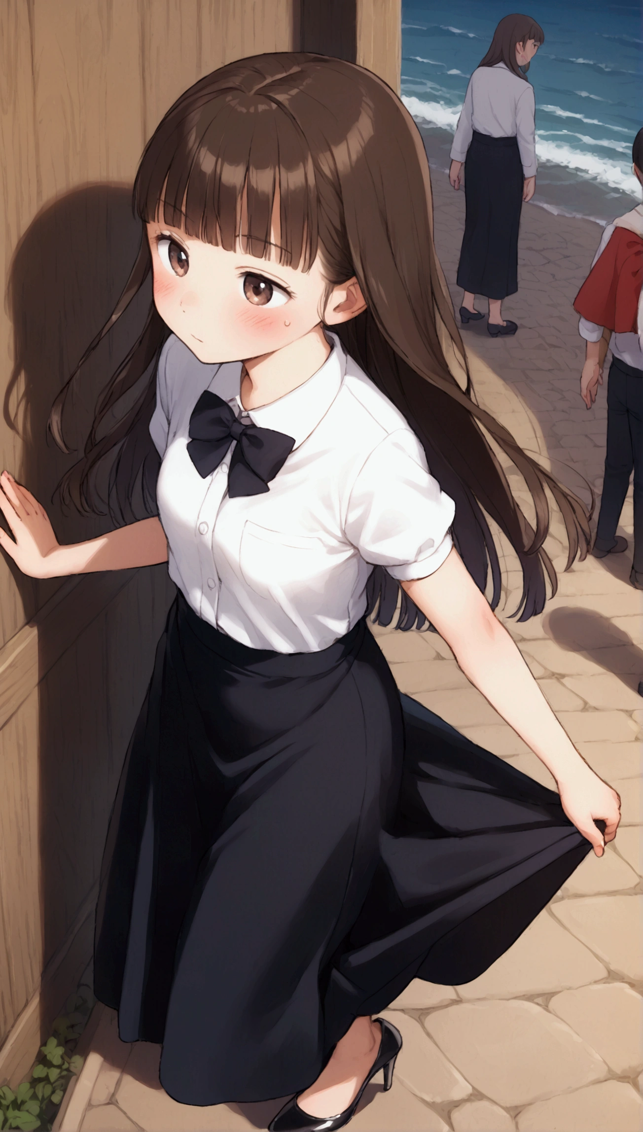 {Highest quality}, {so beautiful},{Ultra-fine},{Best illustrations},Brown Hair,Hime cut,Long Hair,Braiding,One Woman,Standing woman,Strike a Pose,Adult female,sneeze,OL,suit,White Shirt,Short sleeve,Black straight long skirt,Night Festival,blush,thin,Black stiletto heels,From above,Woman with legs closed,Wave with one hand