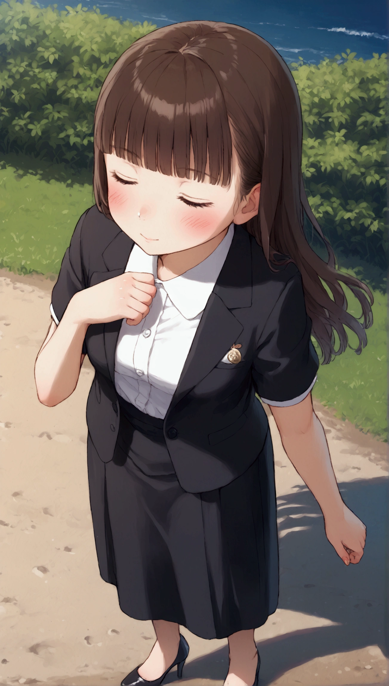 {Highest quality}, {so beautiful},{Ultra-fine},{Best illustrations},Brown Hair,Hime cut,Long Hair,Braiding,One Woman,Standing woman,Strike a Pose,Adult female,sneeze,OL,suit,White Shirt,Short sleeve,Black straight long skirt,Night Festival,blush,thin,Black stiletto heels,From above,Woman with legs closed,Wave with one hand