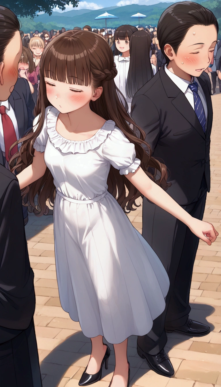 {Highest quality}, {so beautiful},{Ultra-fine},{Best illustrations},Brown Hair,Hime cut,Long Hair,Braiding,One Woman,Standing woman,Strike a Pose,Adult female,sneeze,OL,suit,White Shirt,Short sleeve,Black straight long skirt,Night Festival,blush,thin,Black stiletto heels,From above,Woman with legs closed,Wave with one hand