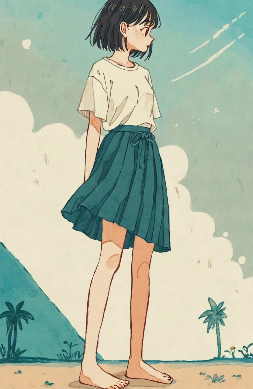 by tsvbvra, 1girl, skirt, barefootoes, solo, shirt, standing, short hair