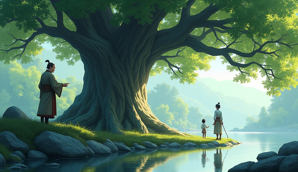 A large, majestic oak tree stands tall near the pond, its roots firmly anchored in the ground. The tree's thick trunk and wide-reaching branches have endured many seasons, symbolizing resilience and stability. Master Koji points toward the oak tree, his face calm and wise, while Hiro looks on with curiosity and reflection. The sunlight filters through the tree's leaves, casting dappled shadows on the ground, adding to the scene's sense of timeless wisdom."