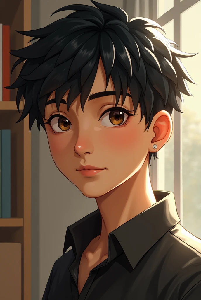  boy with white skin, straight black hair, medium height, somewhat robust, brown eyes, good looking, Latin features
