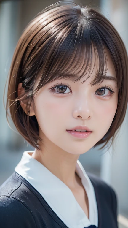 (8k, Photorealistic, RAW Photos, Best image quality: 1.4), Japanese girl、Short Bob、Super detailed face、Eye on the details、double eyelid、Sharp focus:1.2、Beautiful woman:1.4、Light brown hair、Highest quality、masterpiece、Ultra-high resolution、(Photorealistic:1.4)、Highly detailed and professionally lit smiles、school uniform、Shoulder out、blush、Open your mouth a little