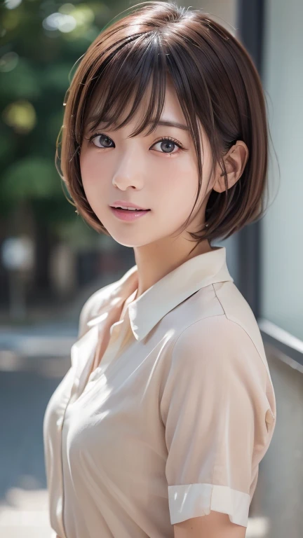 (8k, Photorealistic, RAW Photos, Best image quality: 1.4), Japanese girl、Short Bob、Super detailed face、Eye on the details、double eyelid、Sharp focus:1.2、Beautiful woman:1.4、Light brown hair、Highest quality、masterpiece、Ultra-high resolution、(Photorealistic:1.4)、Highly detailed and professionally lit smiles、school uniform、Shoulder out、blush、Open your mouth a little