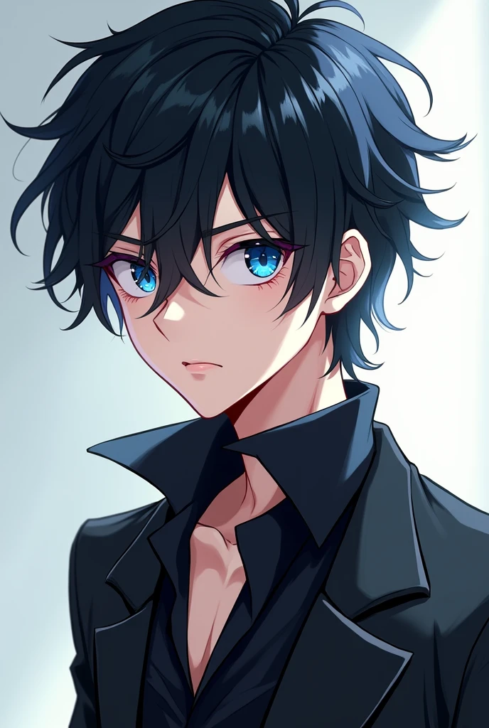 Draw black hair blue eyes very handsome anime boy