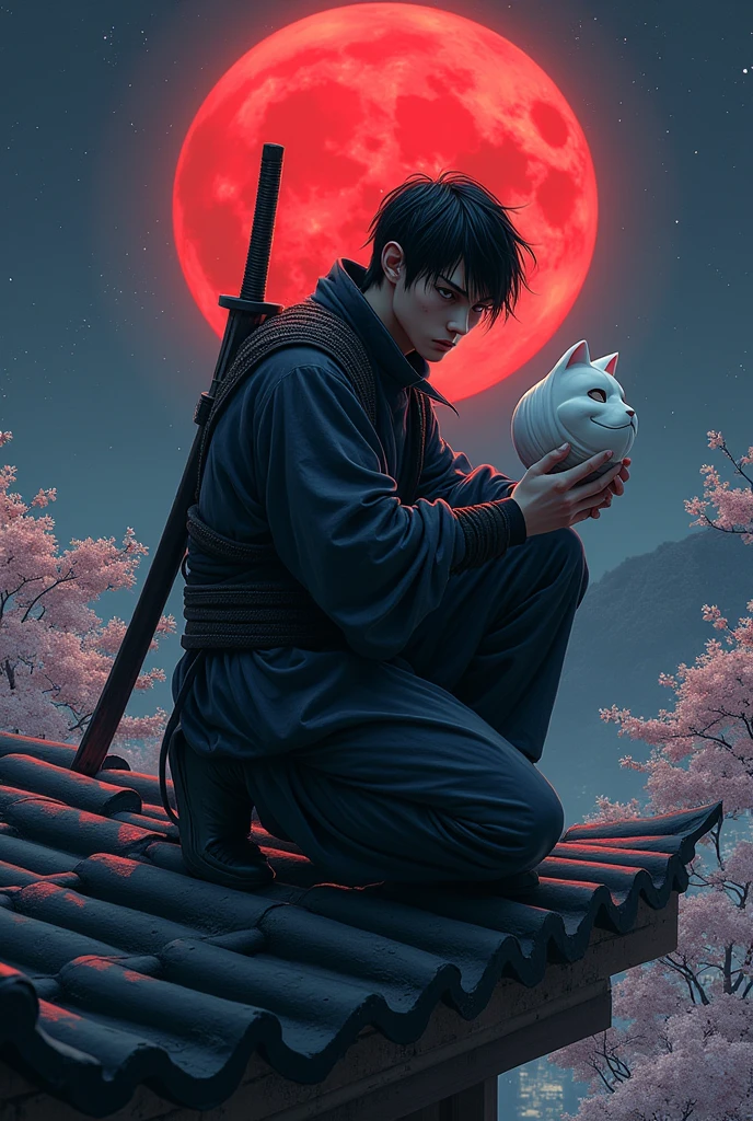 
The action of a 30 year old Indonesian man, black hair combed back, sitting squatting on the edge of the roof of a Japanese house, holding a white

cat-shaped mask, wearing a ninja costume, there is a blood stain effect on the costume. wearing iron armor complete with a large rope tied around his waist, long black trousers and tabi, there is a samurai sword placed on his back. his gaze is very sharp, the night atmosphere with the background of a large, bright red full moon adds to the drama of his narrative. atmosphere, flowers and cherry trees at night, hair blowing in the wind, cold, realistic details of a cold night scene realistic details of a cold night scene in a Japanese city